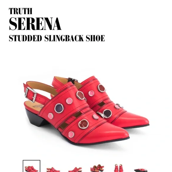 John Fluevog Red Slingback Heels with Gold Accents “Serena” - Picture 5 of 7